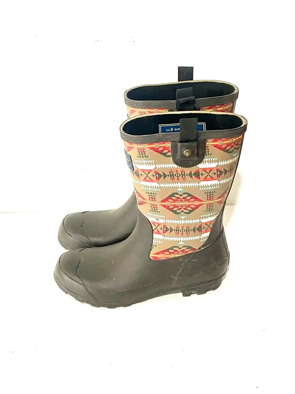Pendleton Olive Rubber Rain Boots with Aztec Print Shaft Size 8